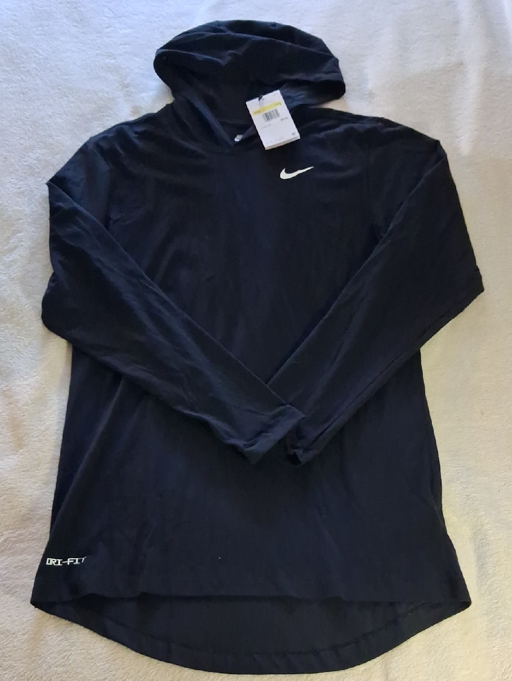 Nike Black Hooded Dri-FIT Long Sleeve Top with White Swoosh SIZE SMALL NWT!